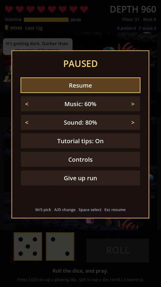 The pause menu with music, sound, tips, controls and give up run