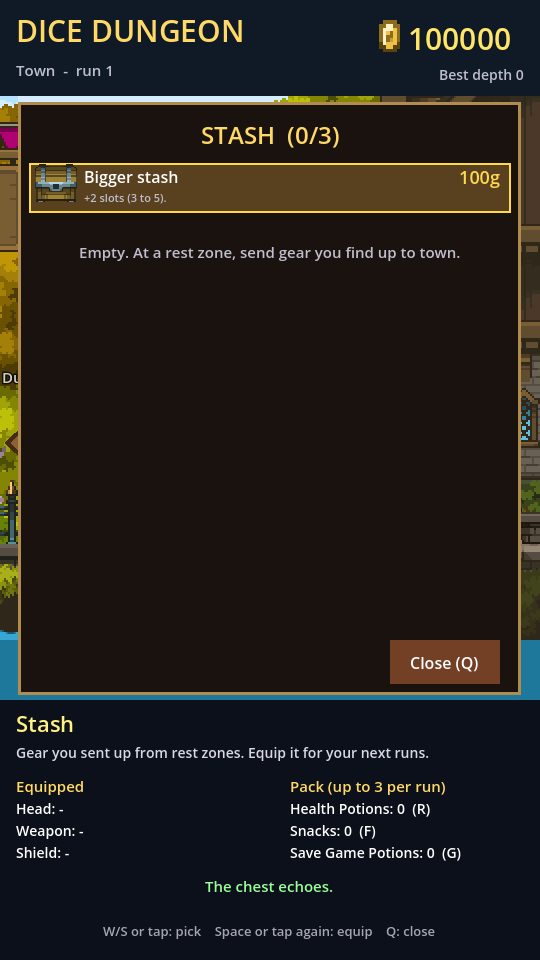 The stash in town with a Bigger stash upgrade row for 100 gold