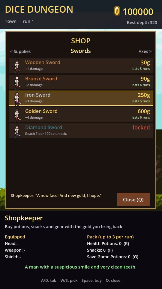 The shop's Swords tab with five tiers
